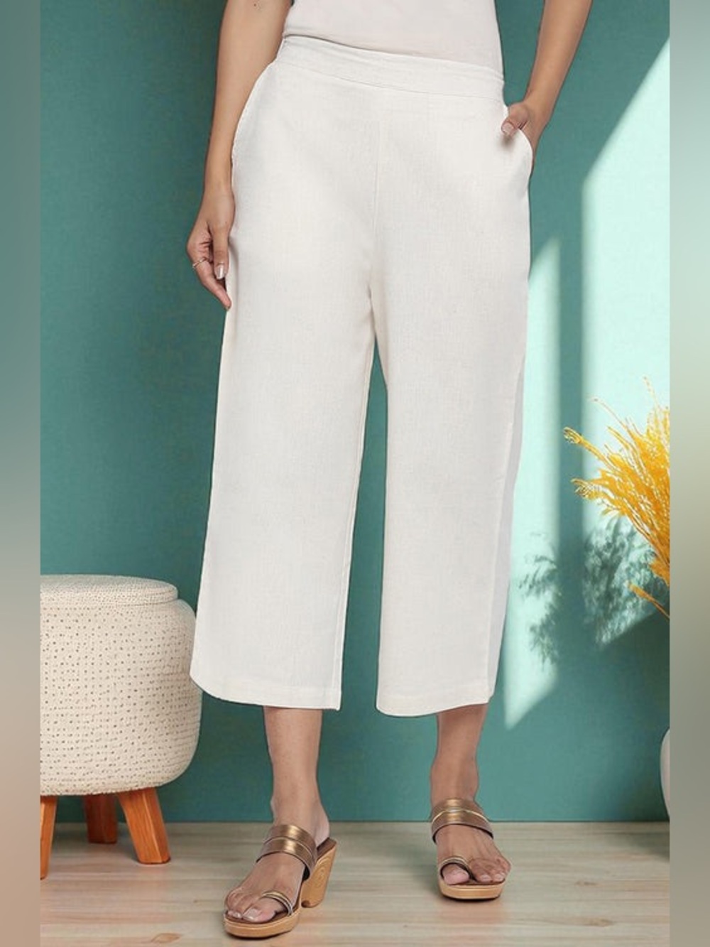 Elleven Beige Cotton Linen Pull On Elastic Waist Cropped Pants Pockets Size XL